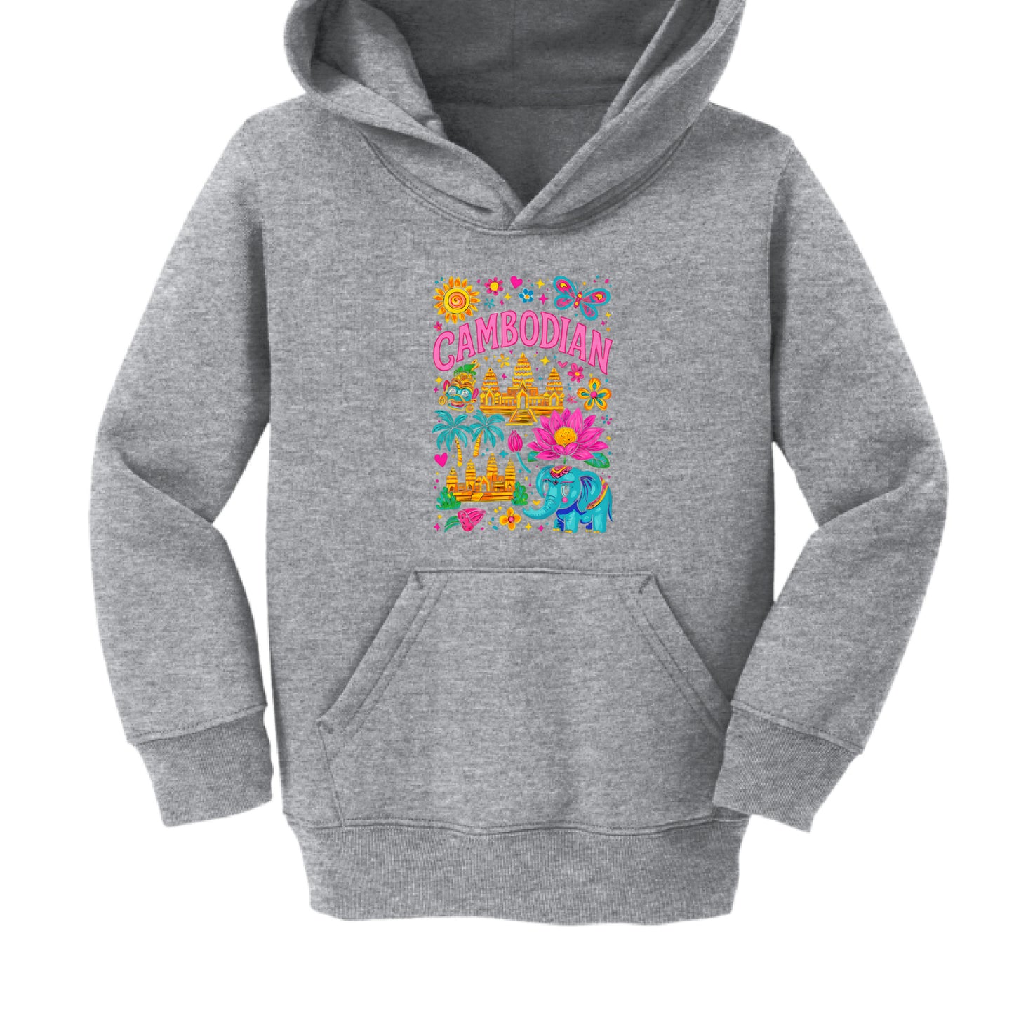 Gray hoodie with colorful 'Cambodian' design on a white background