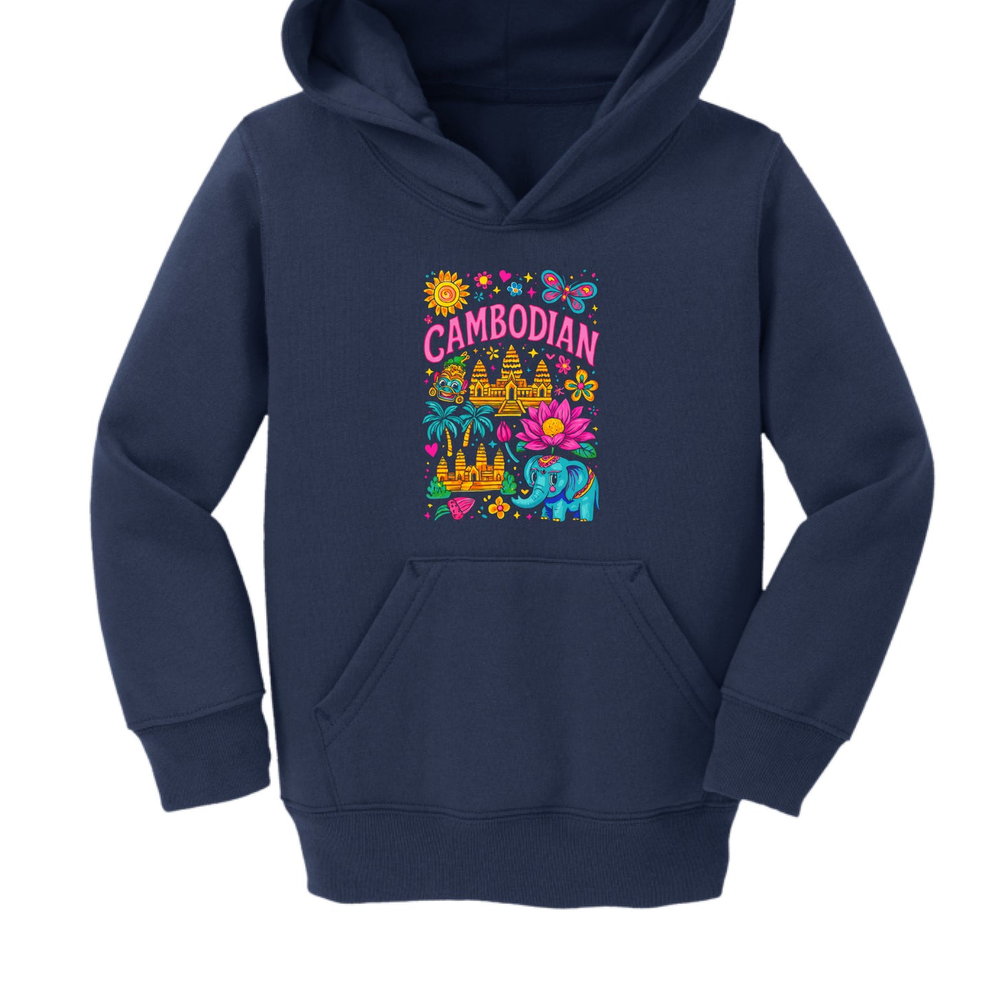 Navy blue hoodie with colorful 'Cambodian' design on a white background