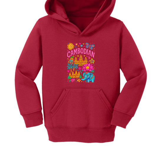 Red hoodie with colorful 'Cambodian' design on a white background
