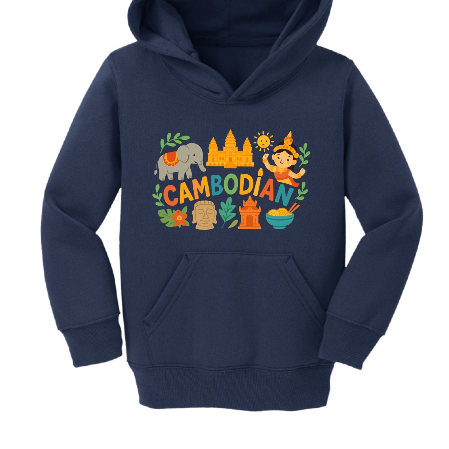 Navy blue hoodie with colorful Cambodian-themed design on a white background