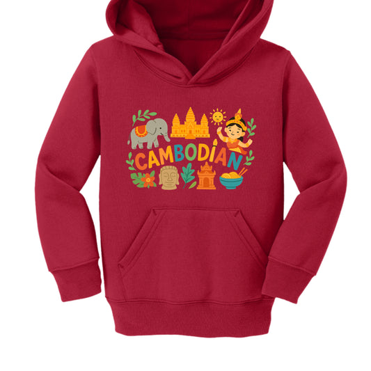 Red hoodie with colorful Cambodian-themed design on a white background