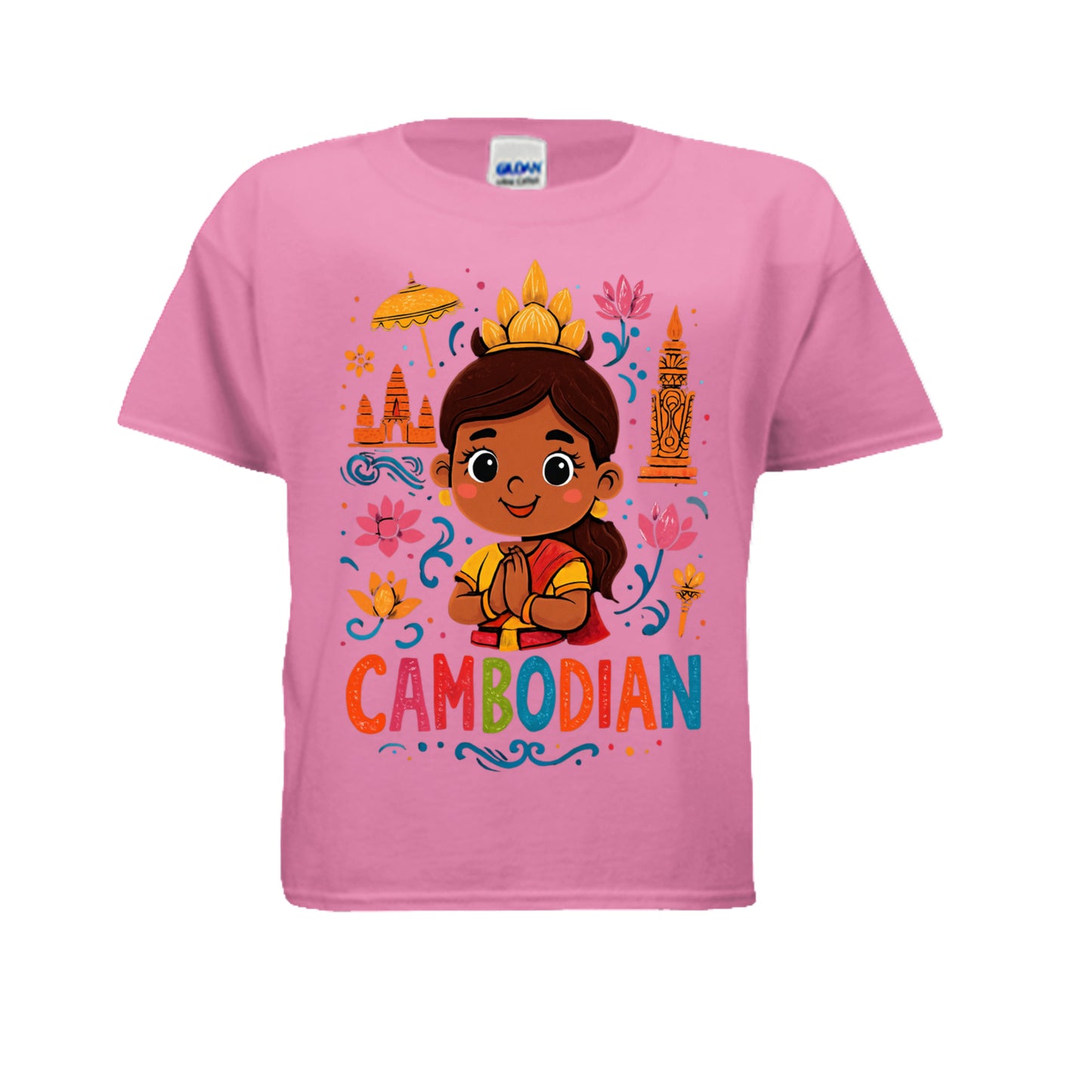 Pink t-shirt with a cartoon character and 'Cambodian' text on a white background