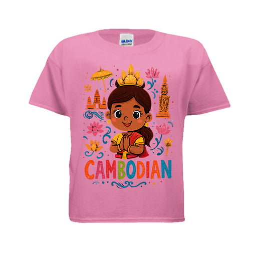 Pink t-shirt with a cartoon character and 'Cambodian' text on a white background