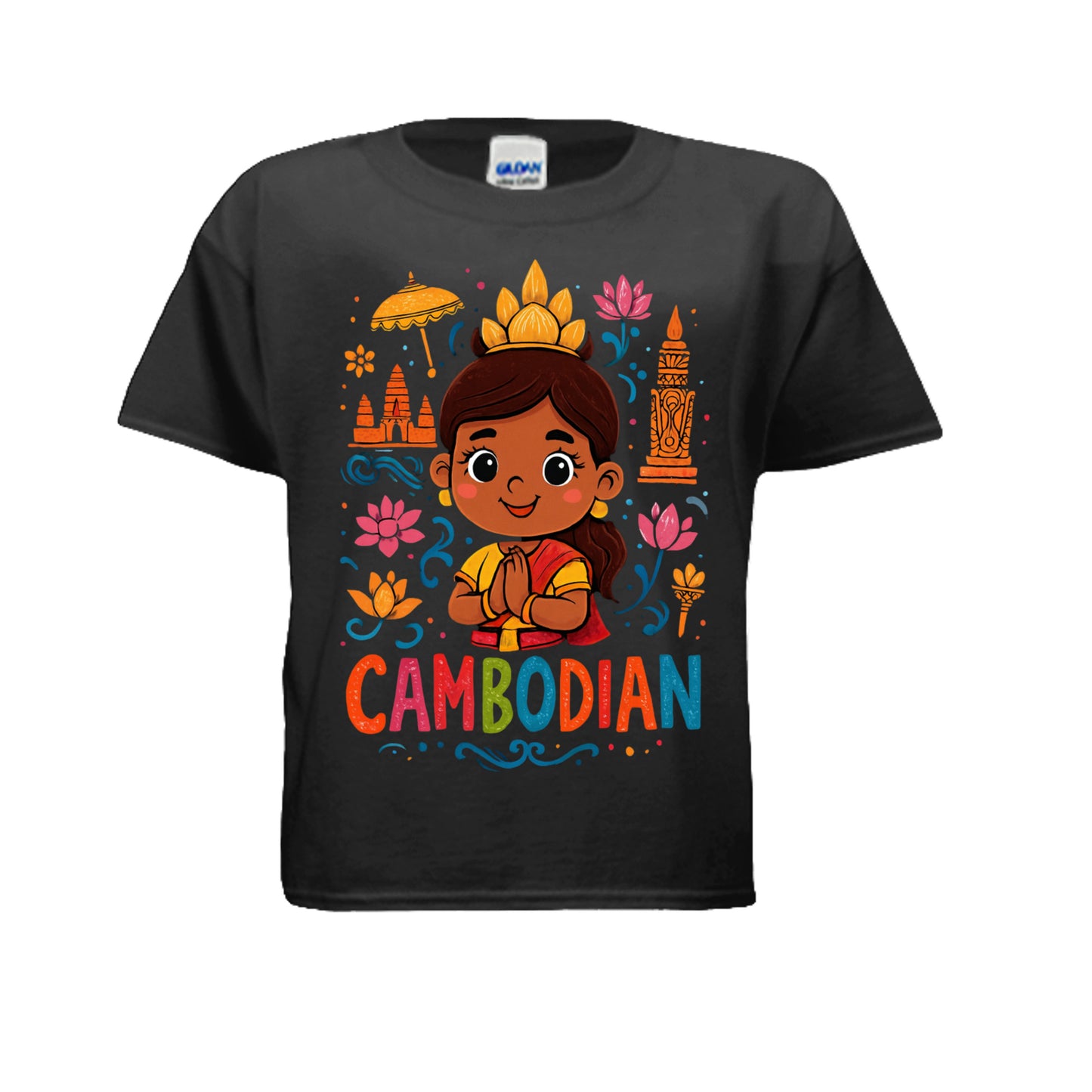 Black t-shirt with a colorful design of a girl and the word 'Cambodian' on a white background
