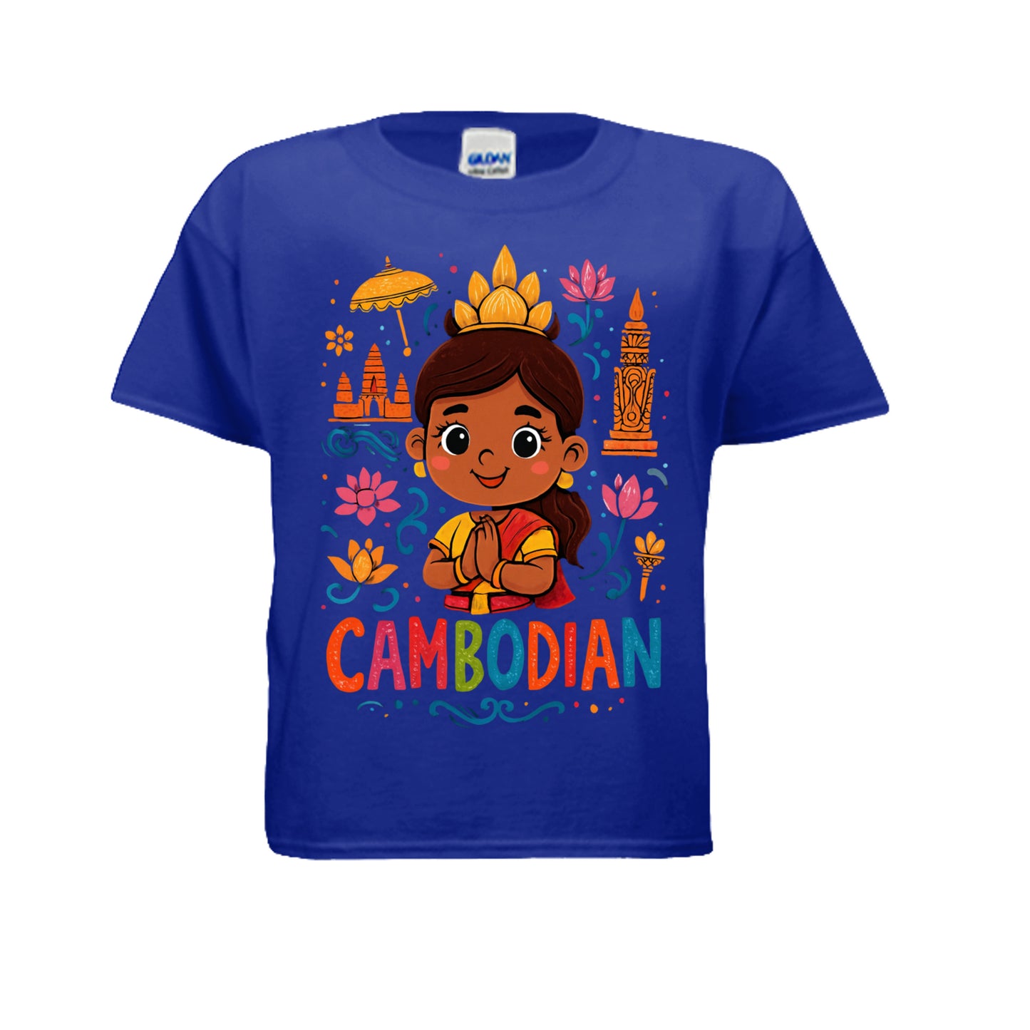 Blue t-shirt with a Cambodian-themed design featuring a child, flowers, and traditional elements on a white background.