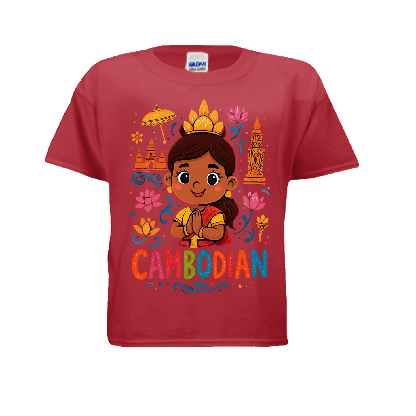 Red t-shirt with a Cambodian-themed design featuring a child in traditional attire and national symbols on a white background.