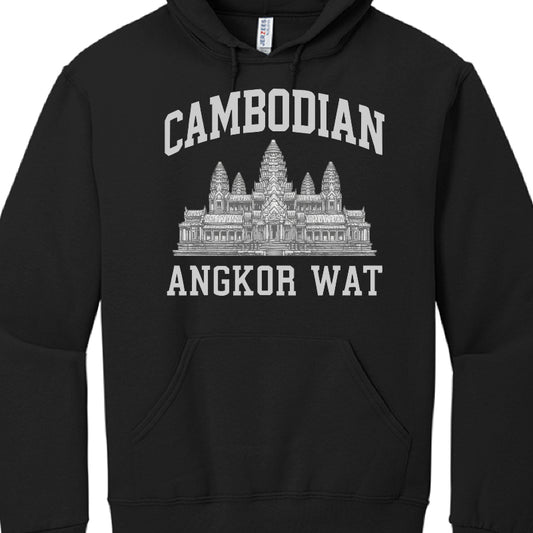 This image shows a black hooded sweatshirt (hoodie) featuring a graphic design related to Cambodia. The hoodie is shown from a front-facing perspective against a plain white background.

Design Details
Text: The word "CAMBODIAN" is printed in a white, arched, varsity-style block font at the top. Below the central graphic, the words "ANGKOR WAT" are printed in a matching straight block font.

Graphic: In the center is a detailed, white line-art illustration of Angkor Wat, the famous temple complex in Cambodi