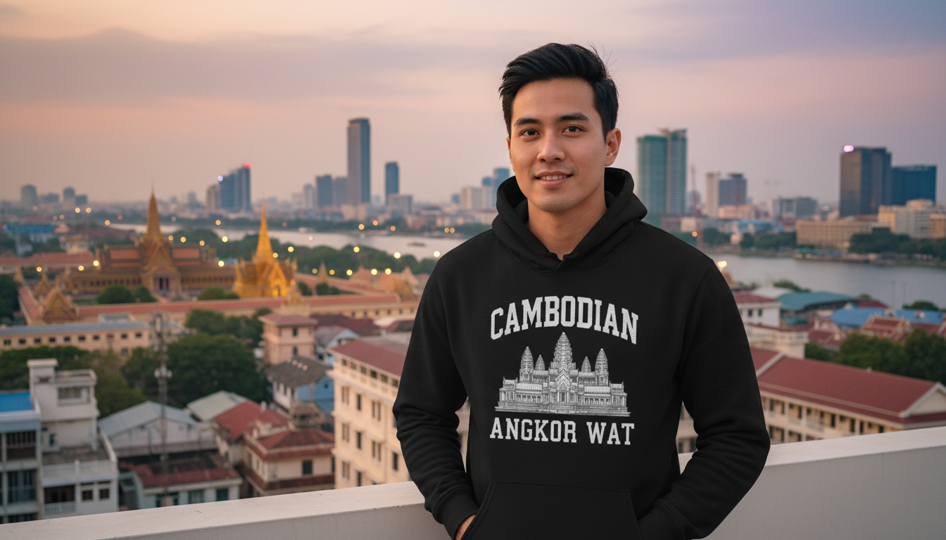 Person wearing a black hoodie with 'Cambodian Angkor Wat' text, standing in front of a cityscape.