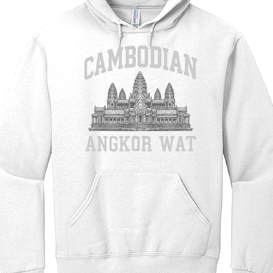 White hoodie with Angkor Wat graphic and 'Cambodian' text on a white background