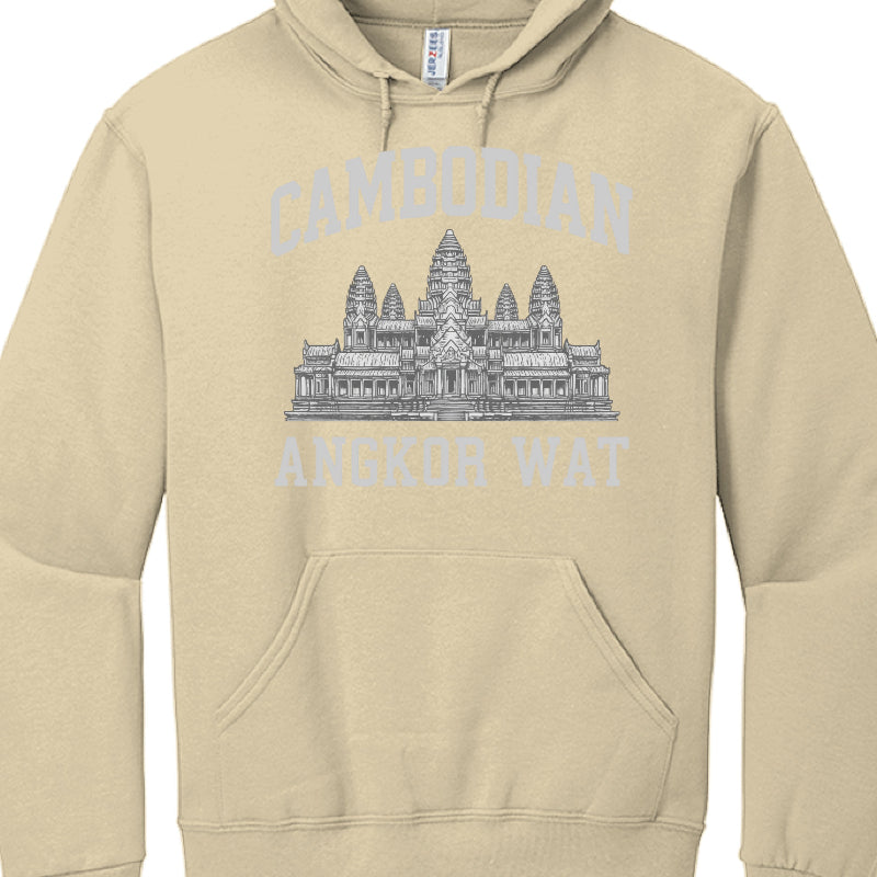 Beige hoodie with Angkor Wat graphic and text on a white background