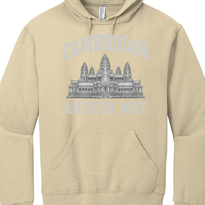 Beige hoodie with Angkor Wat graphic and text on a white background
