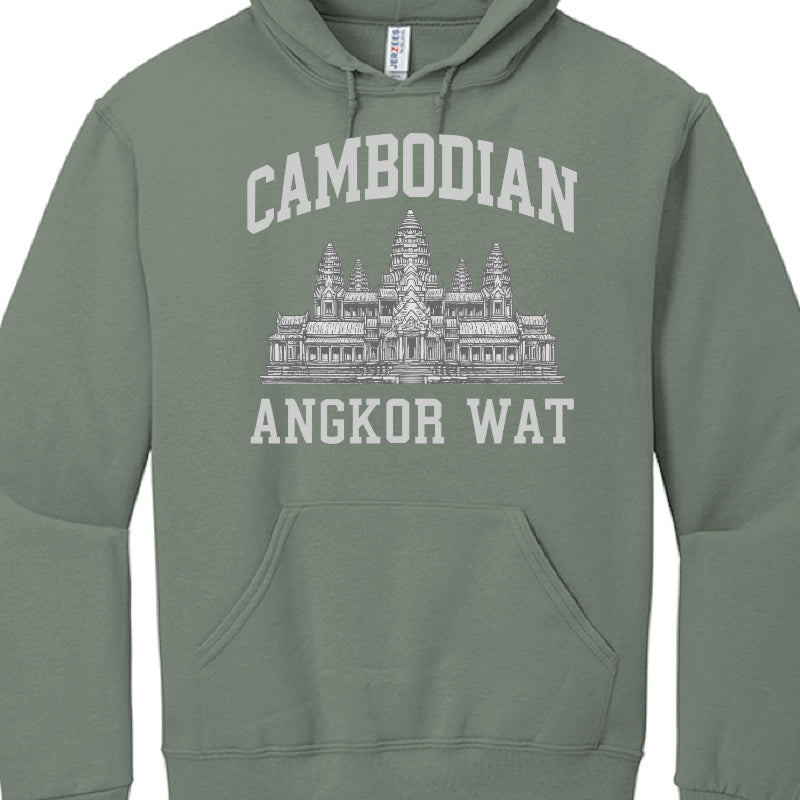 Green hoodie with 'Cambodian Angkor Wat' design on a white background