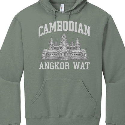 Green hoodie with 'Cambodian Angkor Wat' design on a white background