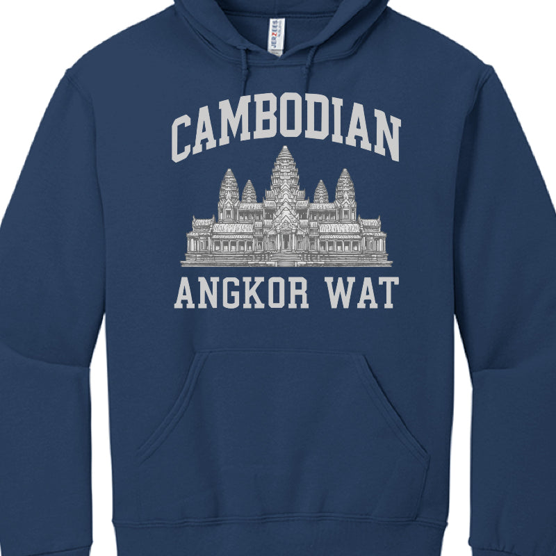 Navy blue hoodie with Angkor Wat graphic and 'Cambodian' text on a white background