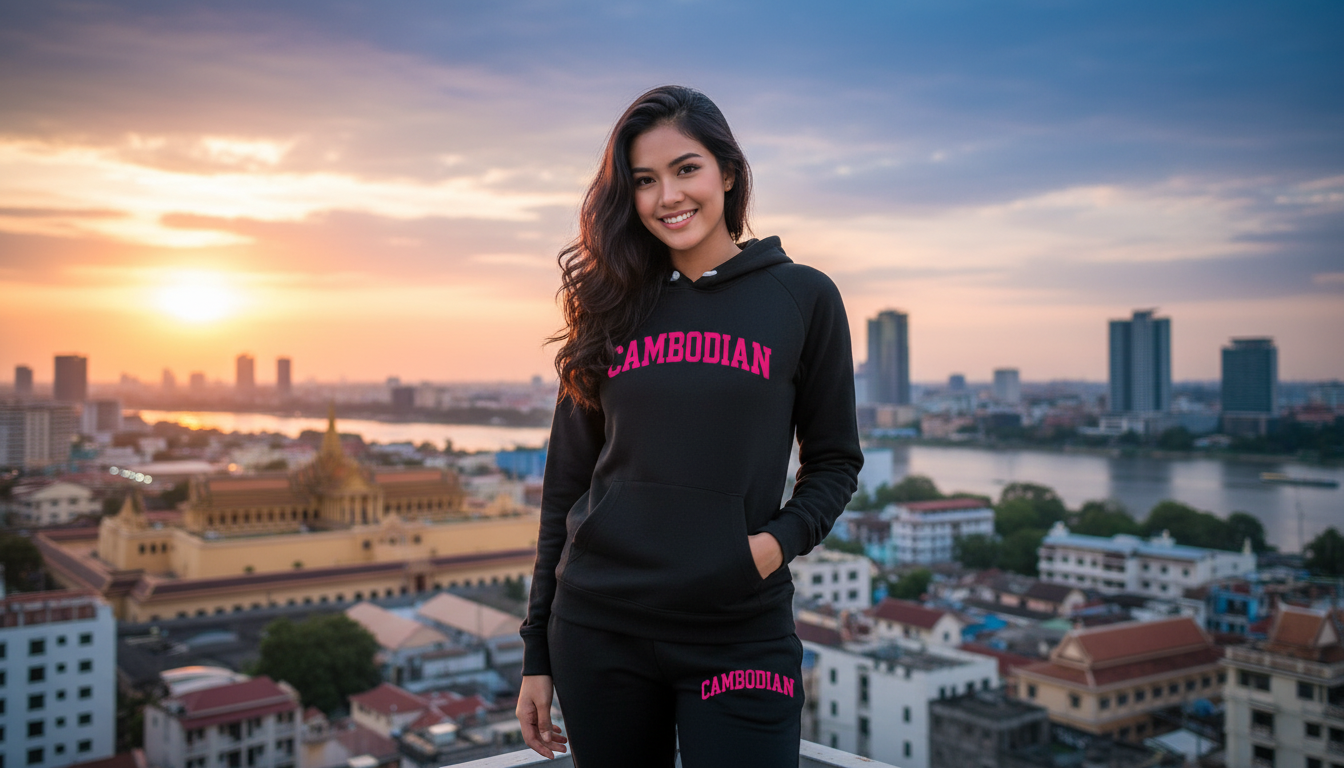 Woman wearing a black hoodie with 'Cambodian' text, standing in front of a cityscape with a sunset.