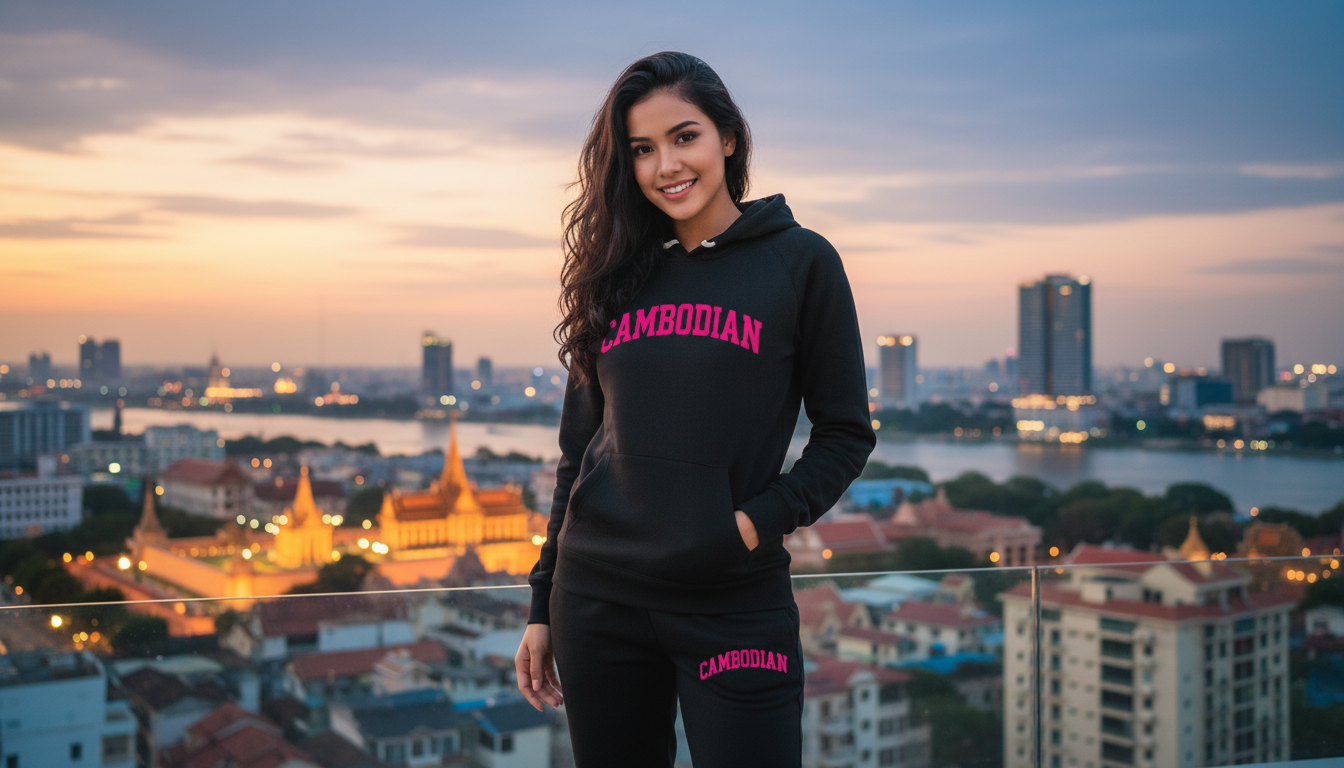 Woman wearing a black hoodie with 'Cambodian' text, standing against a cityscape at dusk.