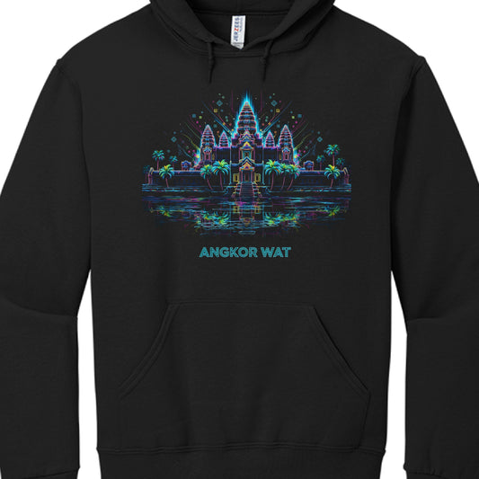 The image displays a black pullover hoodie featuring a vibrant, stylized graphic of Angkor Wat, the famous temple complex in Cambodia.

Design Details
Art Style: The illustration uses a neon or "synthwave" aesthetic. The temple is rendered with glowing, electric outlines in colors like cyan, magenta, yellow, and royal blue.

Composition:

The Temple: The iconic five-tower silhouette of Angkor Wat is centered, with light radiating upward from the central spire.

Surroundings: Neon palm trees flank the temple