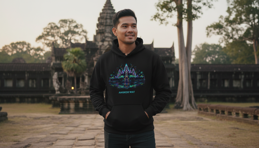 Man wearing a black hoodie with a temple design in front of Angkor Wat.