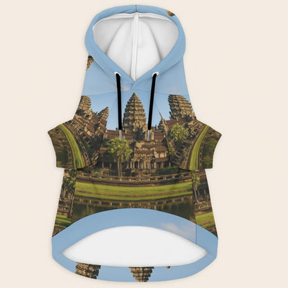 Hooded sleeveless shirt with Angkor Wat design on a beige background