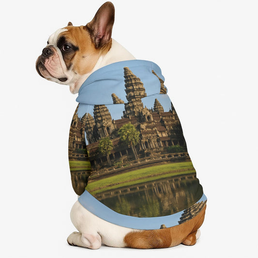 Dog wearing a hoodie with Angkor Wat design on a white background