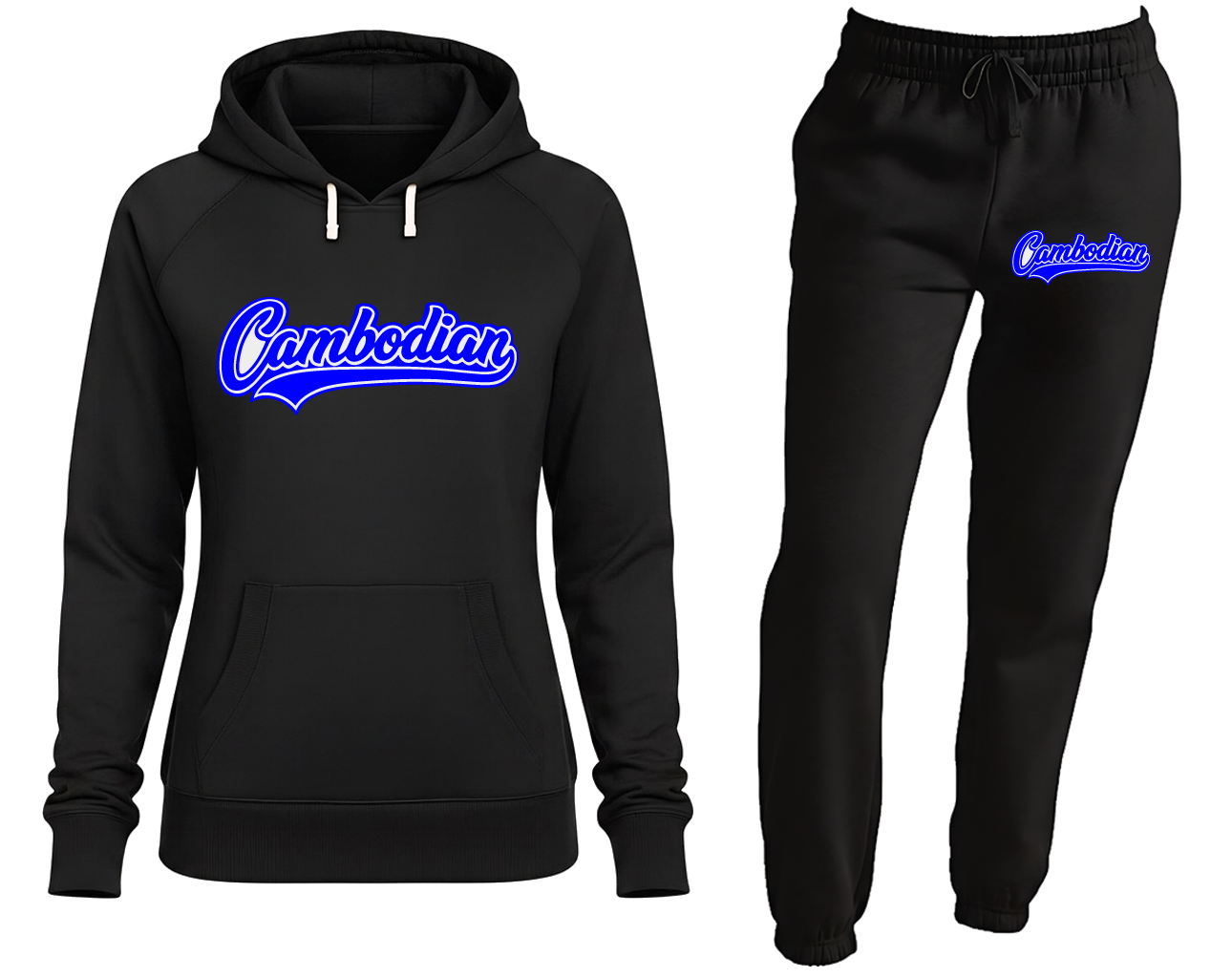 Black hoodie and pants set with 'Cambodian' text on a white background
