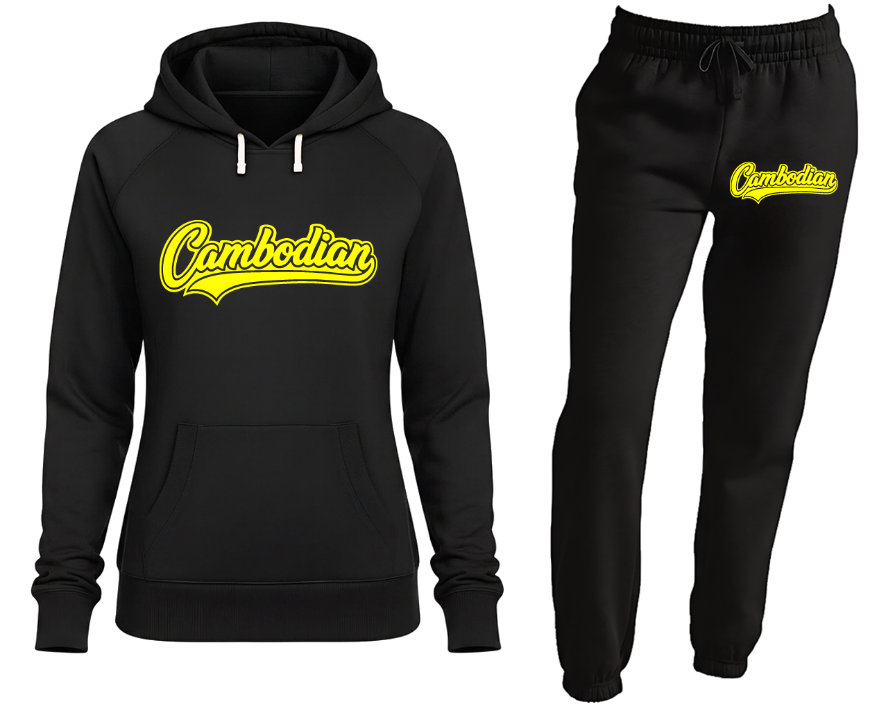 Black hoodie and black pants with yellow 'Cambodian' text on a white background