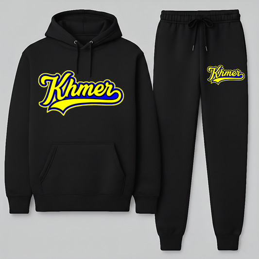 Black hoodie and jogger set with 'Klimer' logo on a gray background