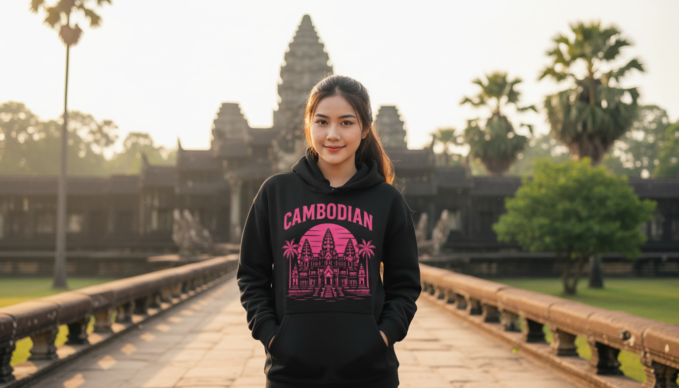 Person wearing a black hoodie with 'Cambodian' and temple design in front of Angkor Wat.
