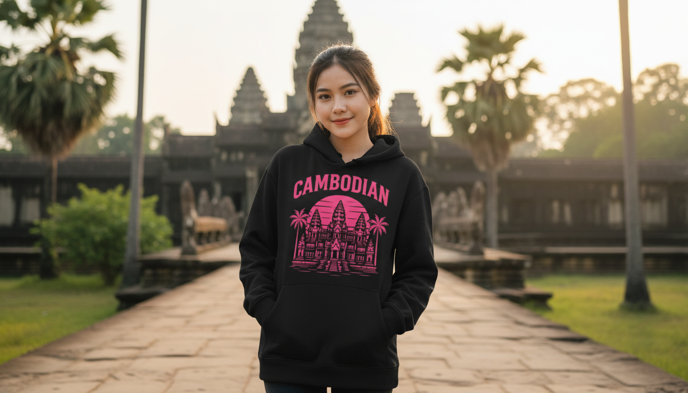Person wearing a black hoodie with 'Cambodian' design in front of Angkor Wat.