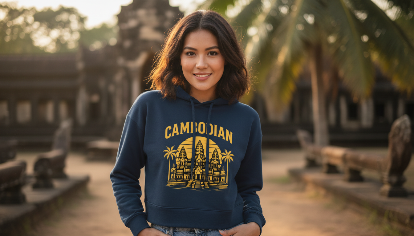 Woman wearing a blue hoodie with 'Cambodian' and temple design in front of a temple complex.