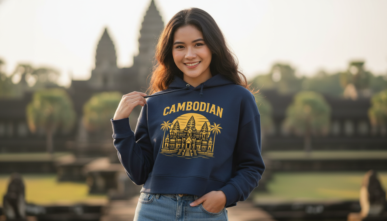 Woman wearing a blue hoodie with 'Cambodian' and temple design, standing in front of Angkor Wat.