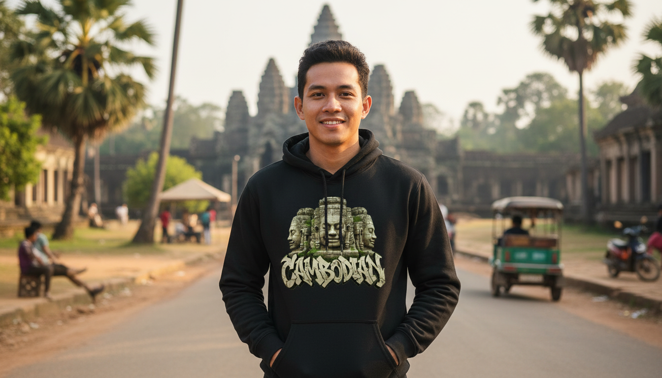 Person wearing a black hoodie with 'Cambodias' text in front of Angkor Wat.