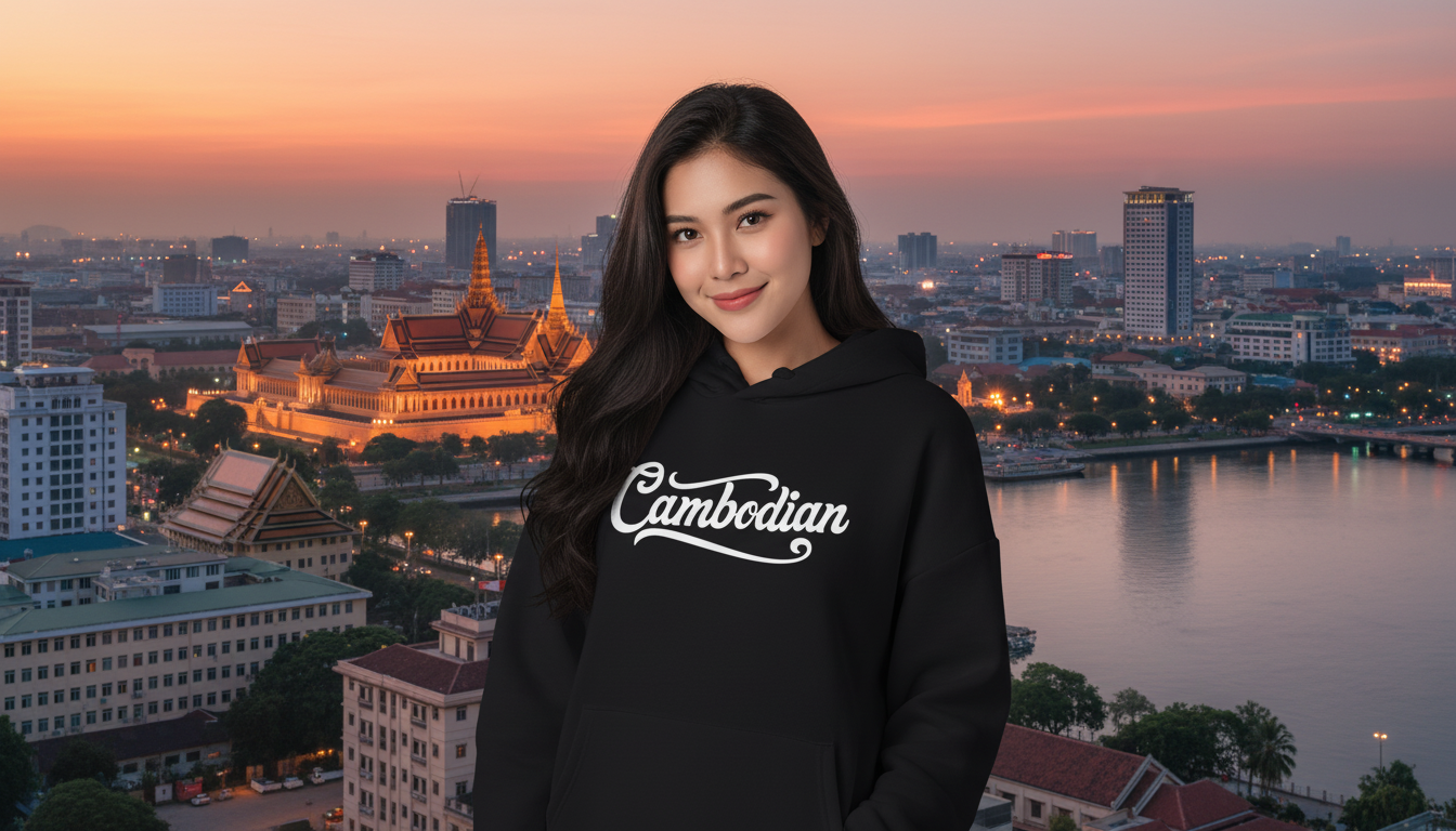 Person wearing a black hoodie with 'Cambodian' text, standing in front of a cityscape at dusk.