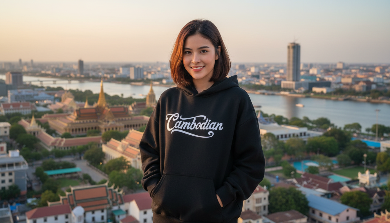 Person wearing a black hoodie with 'Cambodian' text, standing in front of a cityscape with a river and temples.