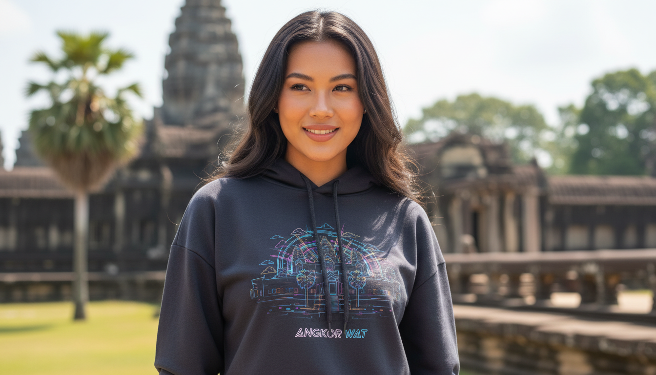 Person wearing a hoodie with Angkor Wat logo in front of Angkor Wat temple.