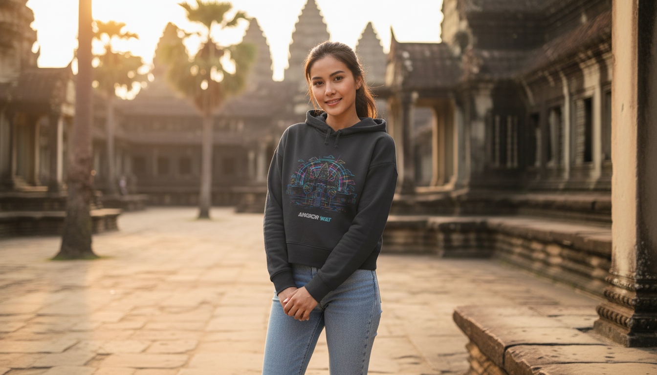Woman in a dark hoodie and jeans standing in front of an ancient temple.