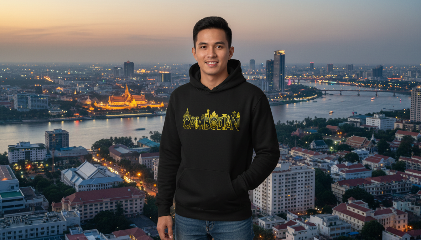 Person wearing a black hoodie with 'Cambodia' printed on it, standing in front of a cityscape at dusk.