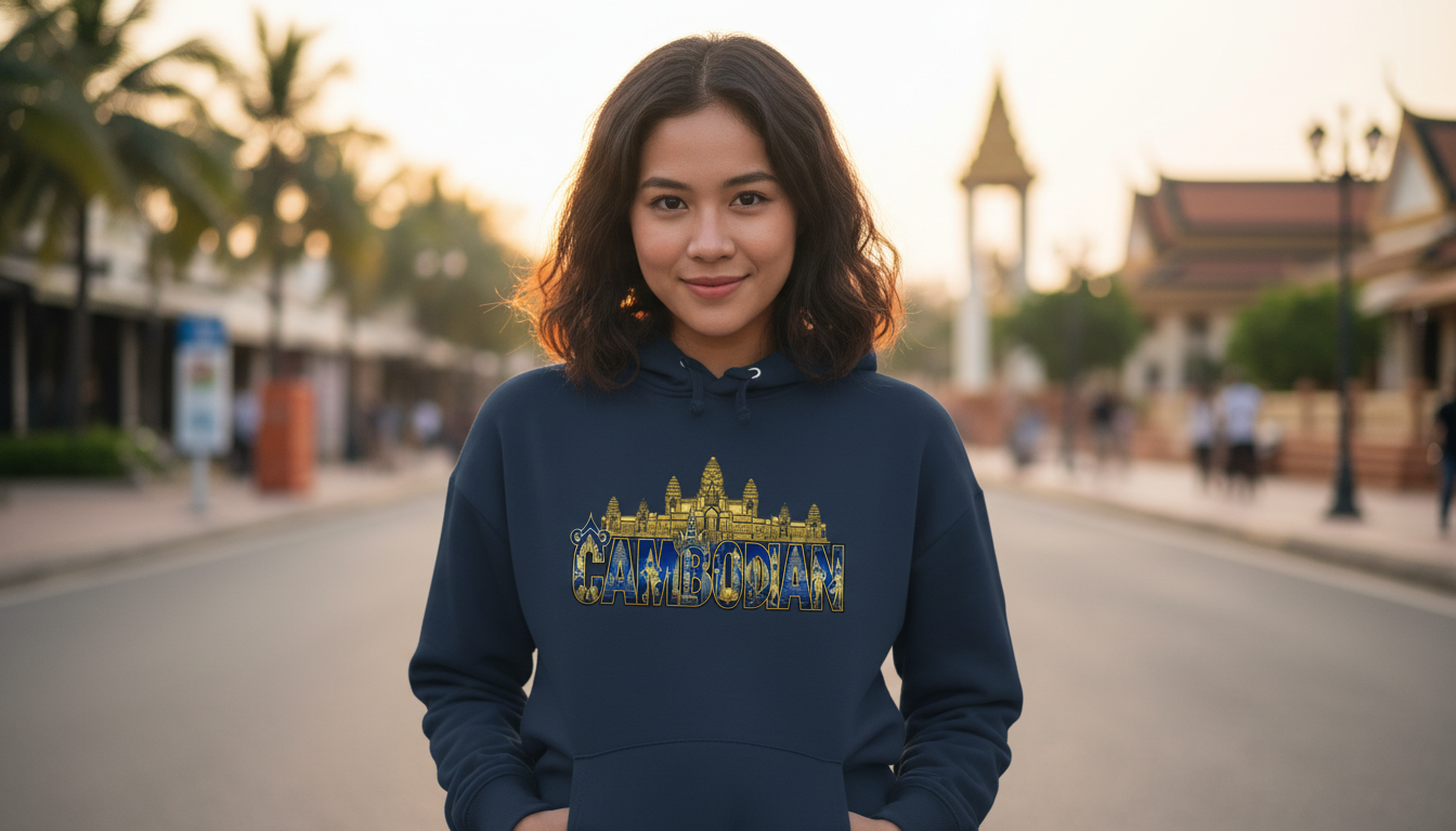 Person wearing a blue hoodie with a colorful design on a street with blurred background