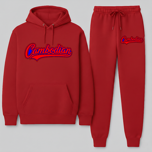 Red hoodie and sweatpants set with 'Cambodian' text on a gray background