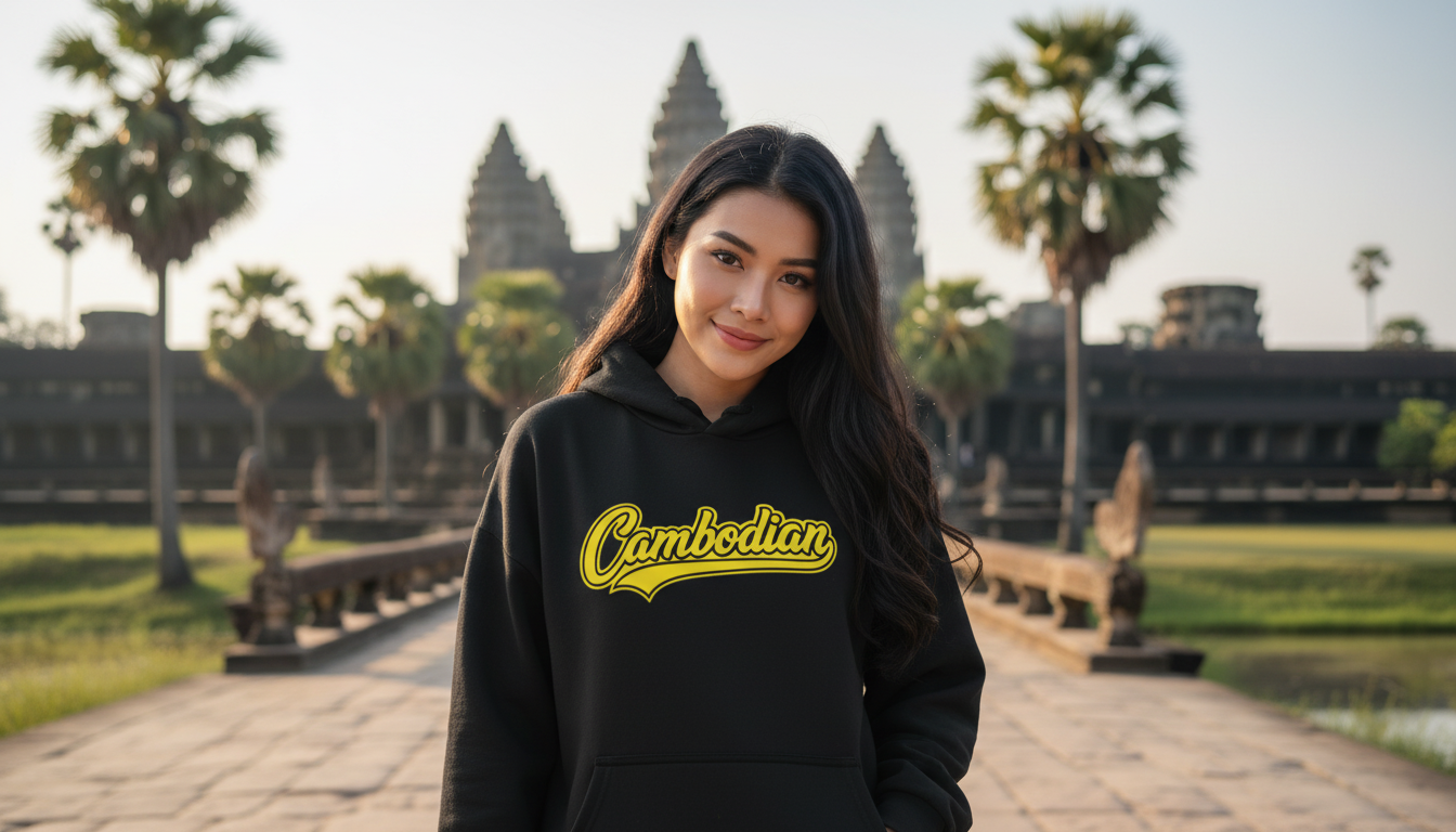 Woman wearing a black hoodie with 'Cambodian' text in yellow, standing in front of Angkor Wat.