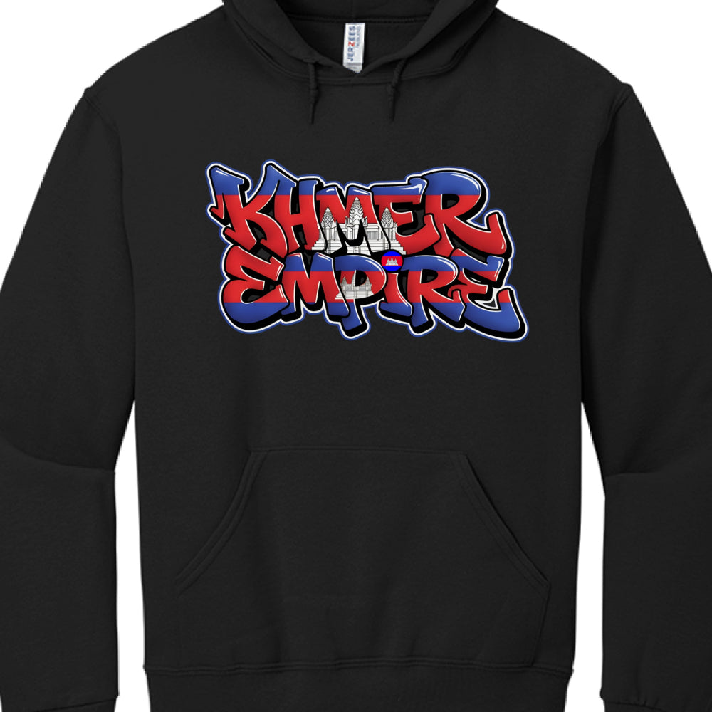 Black hoodie with 'Khmer Empire' text in red and blue on a white background