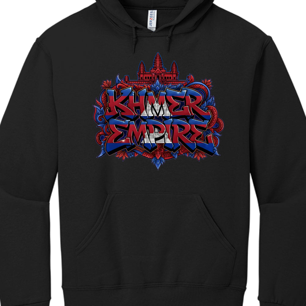The image features a black pullover hoodie with a bold, multi-layered graphic celebrating the Khmer Empire.

Design Elements
Typography: The central focus is the text "KHMER EMPIRE" rendered in a stylized, graffiti-like font. The lettering features a 3D effect with blue and red gradients, and a white silhouette of the Angkor Wat temple towers is integrated into the letters "M" and "I".

Iconography:

Angkor Wat: A detailed, red silhouette of the Angkor Wat temple sits prominently at the top of the design.

