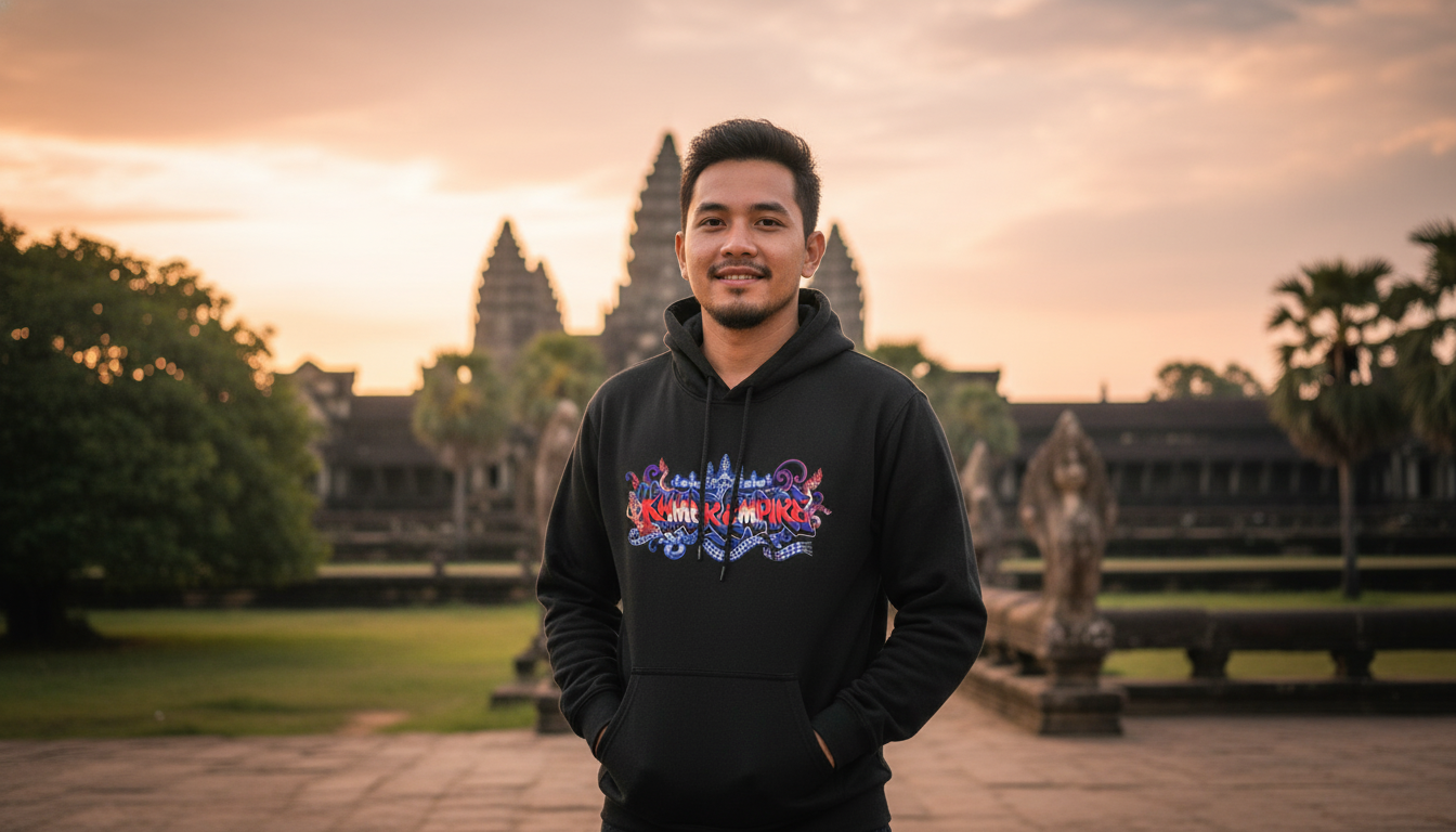 Person wearing a hoodie with text in front of a temple complex during sunset.