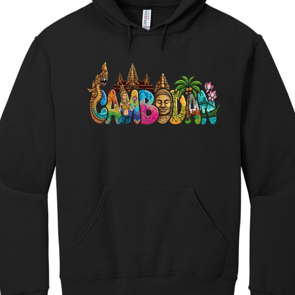 This image features a black pullover hoodie with an elaborate graphic design that celebrates Cambodian culture through a multi-layered, colorful artistic style.

Graphic Design Breakdown
The artwork centers on the chest and incorporates a variety of iconic Cambodian symbols within and around the main text:

Typography: The word "CAMBODIAN" is rendered in a large, playful font where each letter is filled with different vibrant colors (blue, orange, pink, yellow, and green) and unique internal patterns.

Cult