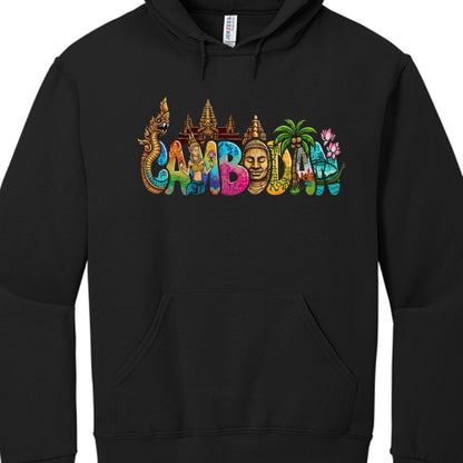 This image features a black pullover hoodie with an elaborate graphic design that celebrates Cambodian culture through a multi-layered, colorful artistic style.

Graphic Design Breakdown
The artwork centers on the chest and incorporates a variety of iconic Cambodian symbols within and around the main text:

Typography: The word "CAMBODIAN" is rendered in a large, playful font where each letter is filled with different vibrant colors (blue, orange, pink, yellow, and green) and unique internal patterns.

Cult