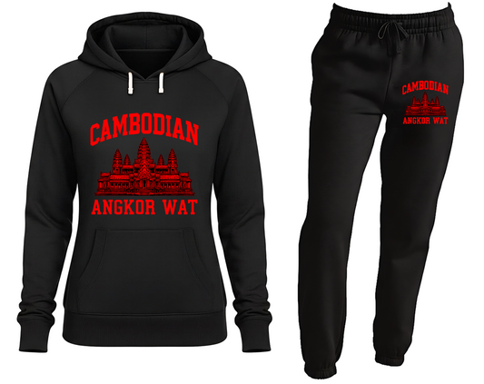 Black hoodie and pants set with red 'Cambodian Angkor Wat' text on a white background