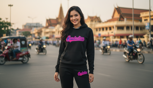 Woman wearing a black hoodie with pink text on a street with motorbikes and buildings in the background