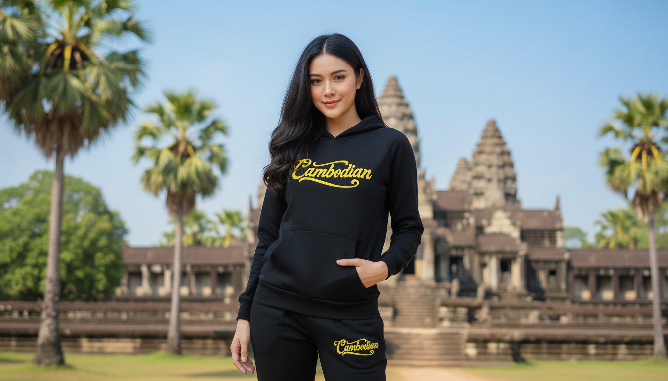 Woman wearing a black hoodie with 'Cambodian' text in front of Angkor Wat.