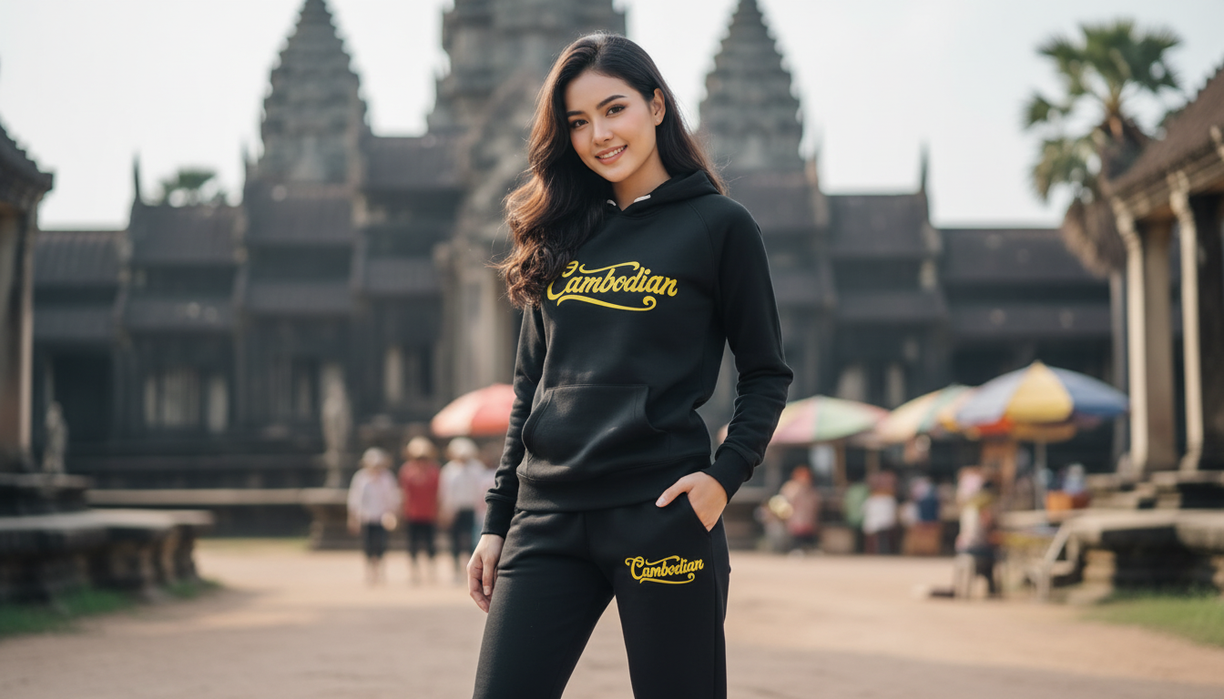 Woman wearing a black hoodie with 'Cambodian' text in front of Angkor Wat