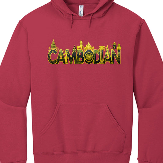 Red hoodie with 'Cambodian' text and cultural symbols on a white background